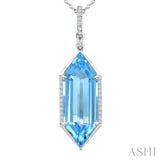 22X8 MM Hexagon Shape Blue Topaz and 1/6 Ctw Round Cut Diamond Semi-Precious Pendant With Chain in 14K White Gold