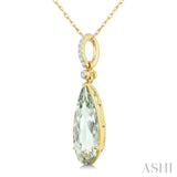 16X6 MM Pear Shape Green Amethyst and 1/20 Ctw Round Cut Diamond Semi-Precious Pendant With Chain in 10K Yellow Gold
