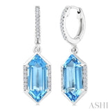 12X5 MM Hexagon Shape Blue Topaz and 1/5 Ctw Round Cut Diamond Semi-Precious Earrings in 10K White Gold
