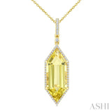22X8 MM Hexagon Shape Lemon Quartz and 1/4 Ctw Round Cut Diamond Semi-Precious Pendant With Chain in 14K Yellow Gold