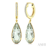 14X6 MM Pear Shape Green Amethyst and 1/10 Ctw Round Cut Diamond Semi-Precious Earrings in 14K Yellow Gold