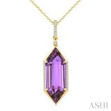 22X8 MM Hexagon Shape Amethyst and 1/6 Ctw Round Cut Diamond Semi-Precious Pendant With Chain in 14K Yellow Gold