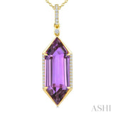 22X8 MM Hexagon Shape Amethyst and 1/6 Ctw Round Cut Diamond Semi-Precious Pendant With Chain in 14K Yellow Gold