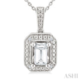7X5 MM Octagon Shape White Topaz and 1/50 Ctw Round Cut Diamond Semi-Precious Pendant With Chain in Sterling Silver