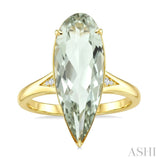 22X8 MM Pear Shape Green Amethyst and 1/50 Ctw Round Cut Diamond Semi-Precious Ring in 14K Yellow Gold