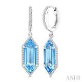 16X6 MM Hexagon Shape Blue Topaz and 3/8 Ctw Round Cut Diamond Semi-Precious Earrings in 14K White Gold