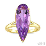 22X8 MM Pear Shape Amethyst and 1/50 Ctw Round Cut Diamond Semi-Precious Ring in 14K Yellow Gold