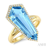 22X9 MM Shield Shape Blue Topaz and 1/4 Ctw Round Cut Diamond Semi-Precious Ring in 14K Yellow Gold