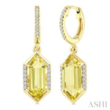 12X5 MM Hexagon Shape Lemon Quartz and 1/5 Ctw Round Cut Diamond Semi-Precious Earrings in 10K Yellow Gold