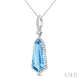 16X7 MM Shield Shape Blue Topaz and 1/5 Ctw Round Cut Diamond Semi-Precious Pendant With Chain in 10K White Gold