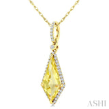 16X7 MM Kite Shape Lemon Quartz and 1/5 Ctw Round Cut Diamond Semi-Precious Pendant With Chain in 10K Yellow Gold
