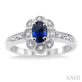 6x4 MM Oval Cut Sapphire and 1/20 Ctw Round Cut Diamond Ring in Sterling Silver