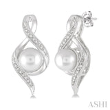 6.5 MM Round Shape Cultured Pearls and 1/20 Ctw Round Cut Diamond Earrings in Sterling Silver