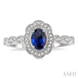 6x4 MM Oval Shape Sapphire and 1/6 Ctw Round Cut Diamond Precious Ring in 10K White Gold