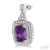 8X6 MM Cushion Shape Amethyst and 1/10 Ctw Round Cut Diamond Earrings in Sterling Silver