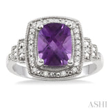 9X7 MM Cushion Shape Amethyst and 1/10 Ctw Round Cut Diamond Ring in Sterling Silver