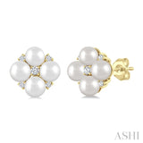 4 MM Round Shape Floral Cultured Pearls and 1/10 Ctw Round Cut Diamond Fashion Stud Earrings in 10K Yellow Gold