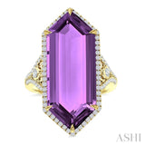 26x10 MM Hexagon Shape Amethyst and 1/2 Ctw Round Cut Diamond Halo Semi-Precious Ring in 14K Yellow Gold