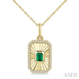 4X3 MM Octagon Shape Emerald and 1/8 Ctw Round Cut Diamond Precious Fluted Medallion Pendant in 10K Yellow Gold with Chain