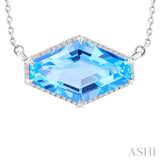 16x10 MM Hexagon Shape Blue Topaz and 1/10 Ctw Round Cut Diamond Halo Semi-Precious Pendant With Chain in 14K White Gold