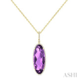 26x10 MM Oval Cut Amethyst and 1/3 Ctw Round Cut Diamond Semi-Precious Pendant With Chain in 14K Yellow Gold