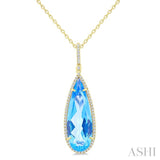 26x9 MM Pear Cut Blue Topaz and 1/4 Ctw Round Cut Diamond Halo Semi-Precious Pendant With Chain in 14K Yellow Gold