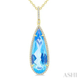26x9 MM Pear Cut Blue Topaz and 1/4 Ctw Round Cut Diamond Halo Semi-Precious Pendant With Chain in 14K Yellow Gold