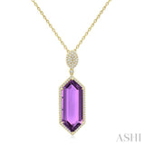 26x10 MM Hexagon Shape Amethyst and 1/2 Ctw Round Cut Diamond Halo Semi-Precious Pendant With Chain in 14K Yellow Gold