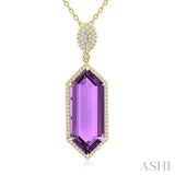 26x10 MM Hexagon Shape Amethyst and 1/2 Ctw Round Cut Diamond Halo Semi-Precious Pendant With Chain in 14K Yellow Gold