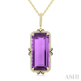 22x10 MM Emerald Cut Amethyst and .80 MM Sapphire & 1/5 Ctw Round Cut Diamond Halo Precious & Semi-Precious Pendant With Chain in 14K Yellow Gold