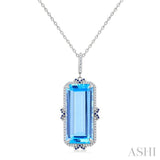 22x10 MM Emerald Cut Blue Topaz and .80 MM Sapphire & 1/5 Ctw Round Cut Diamond Halo Precious & Semi-Precious Pendant With Chain in 14K White Gold