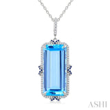 22x10 MM Emerald Cut Blue Topaz and .80 MM Sapphire & 1/5 Ctw Round Cut Diamond Halo Precious & Semi-Precious Pendant With Chain in 14K White Gold