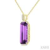 26X12 MM Emerald Cut Amethyst and 1/2 Ctw Round Cut Diamond Halo Semi-Precious Pendant With Chain in 14K Yellow Gold