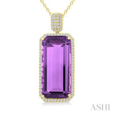 26X12 MM Emerald Cut Amethyst and 1/2 Ctw Round Cut Diamond Halo Semi-Precious Pendant With Chain in 14K Yellow Gold