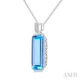 26X12 MM Emerald Cut Blue Topaz and 1/2 Ctw Round Cut Diamond Halo Semi-Precious Pendant With Chain in 14K White Gold