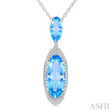 18x8 MM & 10x5 MM Oval Cut Blue Topaz and 1/3 Ctw Round Cut Diamond Halo Semi-Precious Pendant With Chain in 14K White Gold